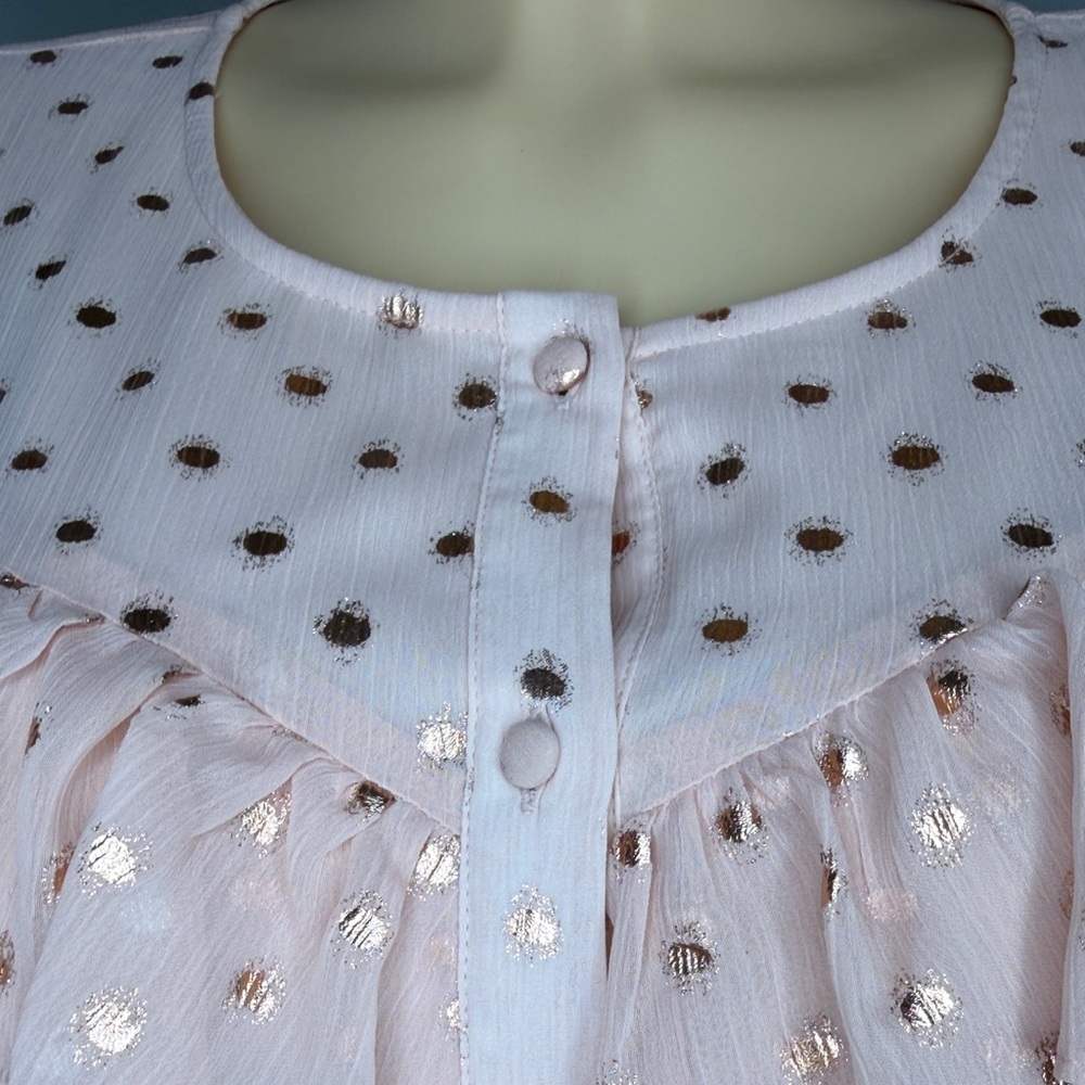 LC Lauren Conrad Blush Pink Metallic Polka Dot Ruffle Blouse Size Large - Picture 7 of 14